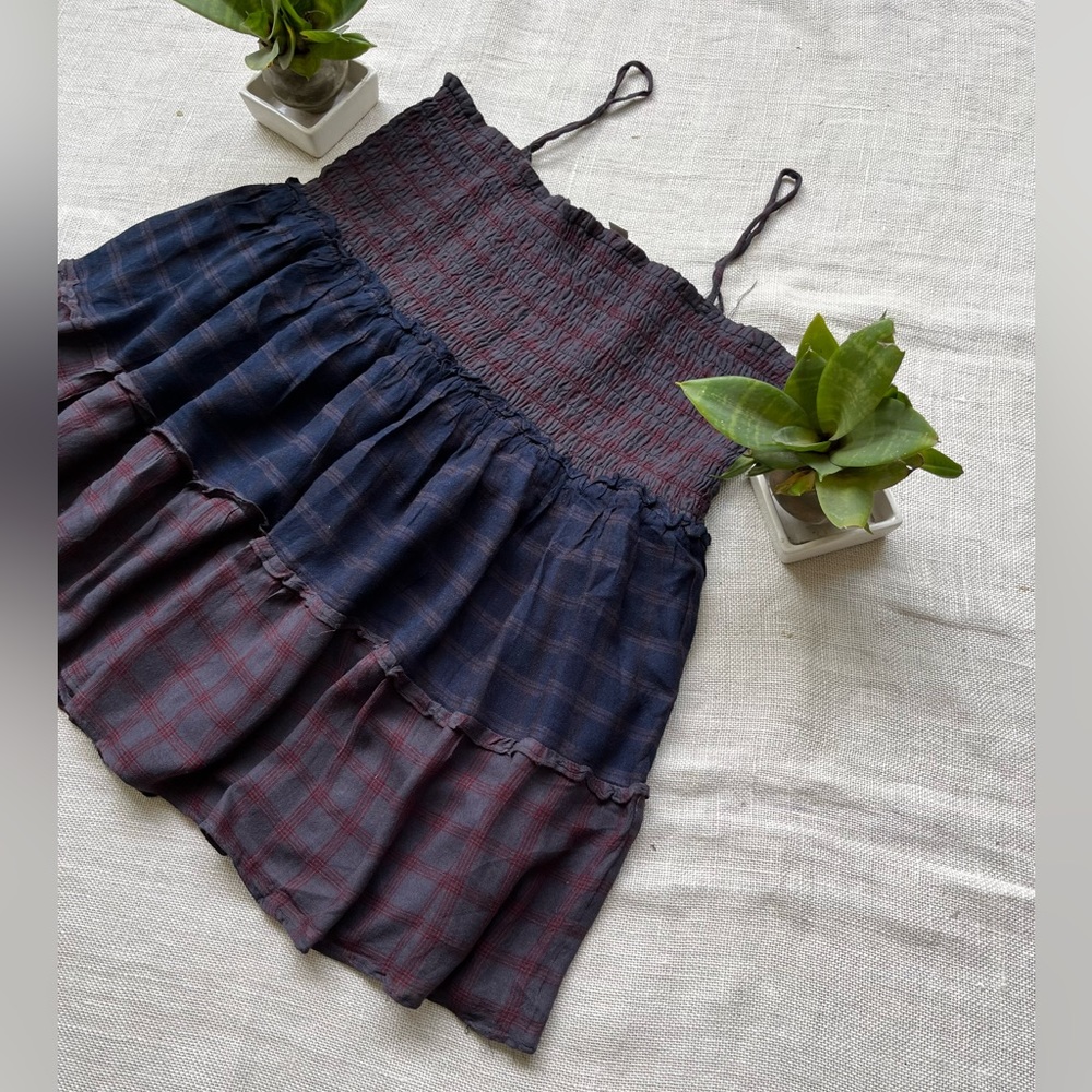SOLD ❌ Brown and Blue Checked Smocked Top with noodle straps from LOFT - Picture 4 of 5